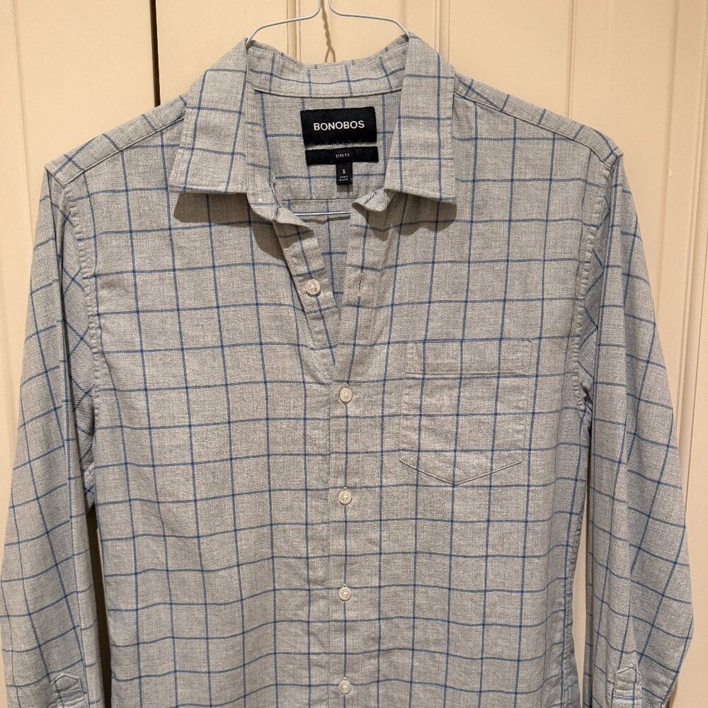 Bonobos Slim Fit Sz S LS Casual Button Down Shirt Checkered Gray Blue LS